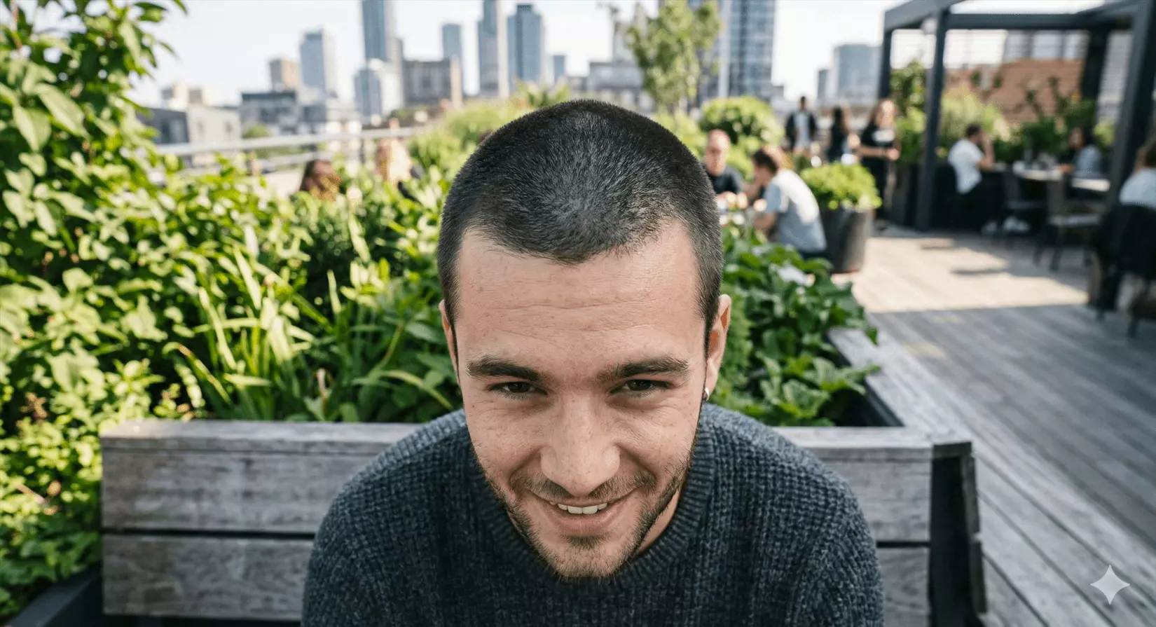 Buzz cut no fade grow out top view showing even regrowth