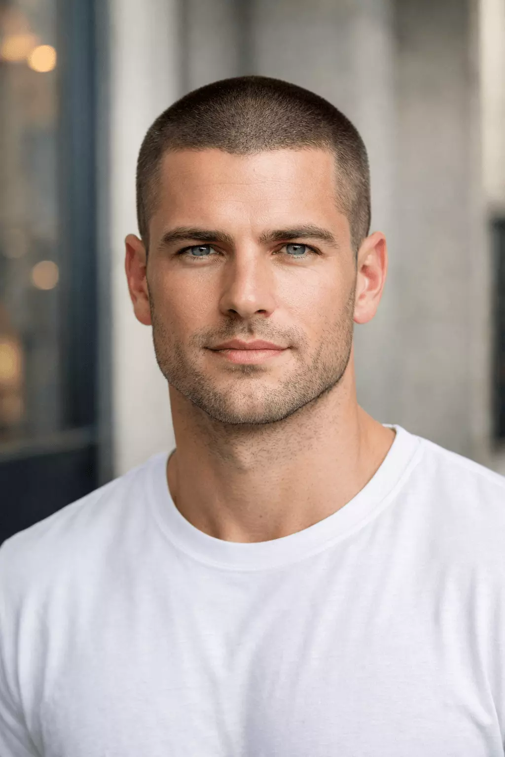 Buzz cut no fade square face uniform haircut front view