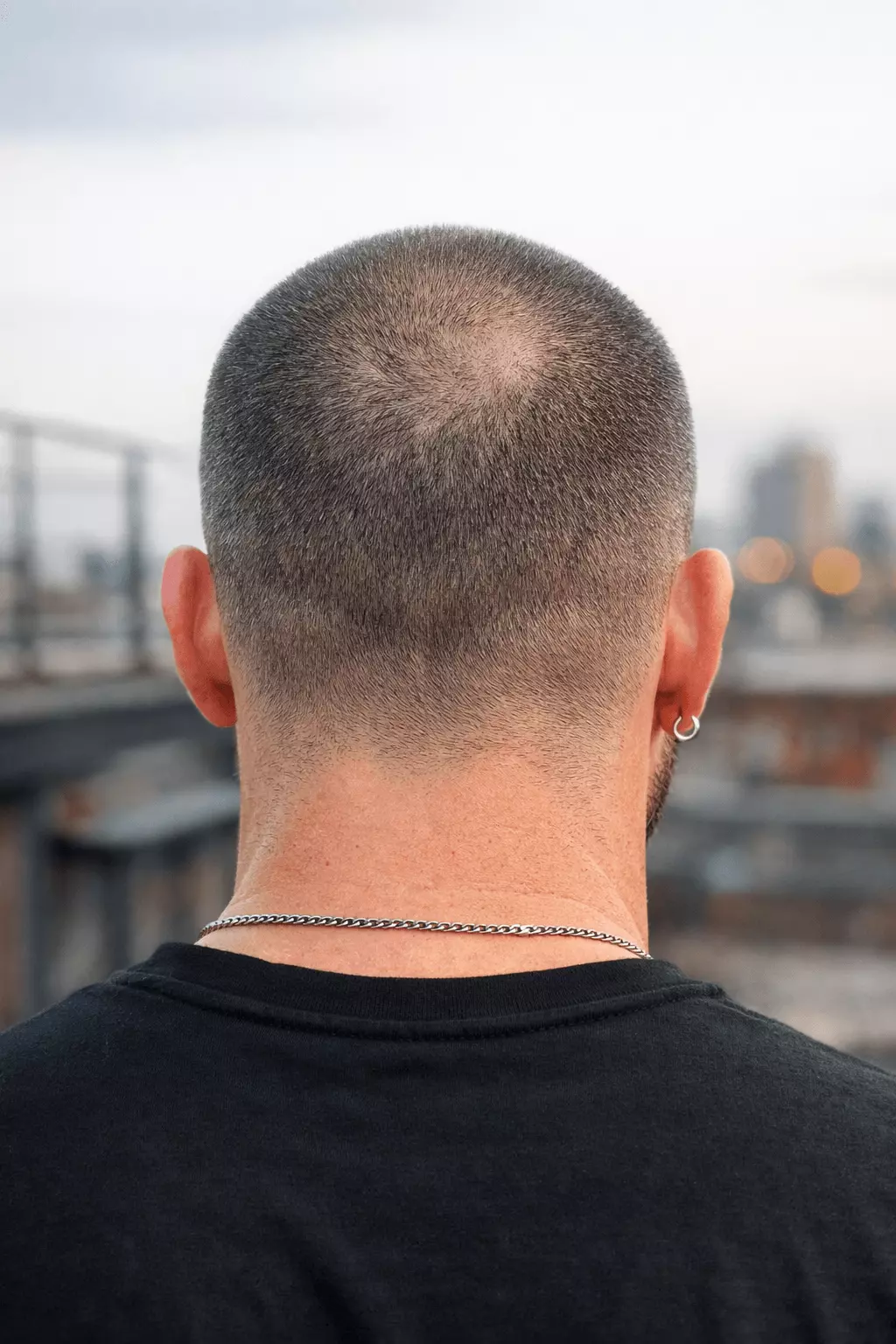 Buzz cut no fade thinning crown back view showing scalp visibility