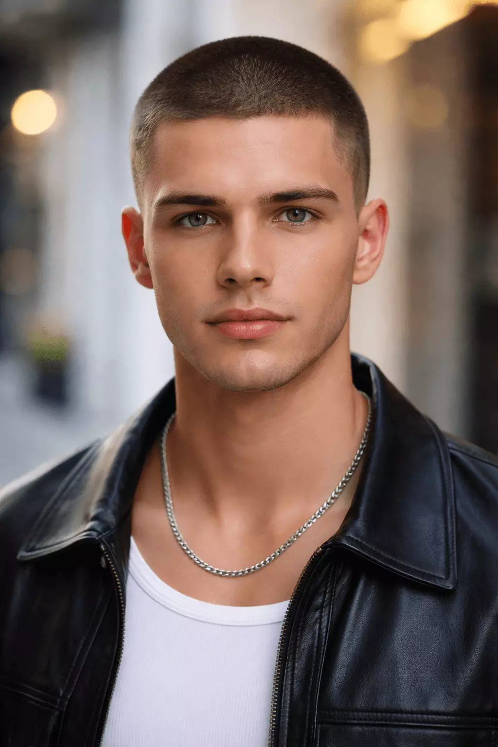 Buzz cut no fade uniform length haircut front view clean silhouette