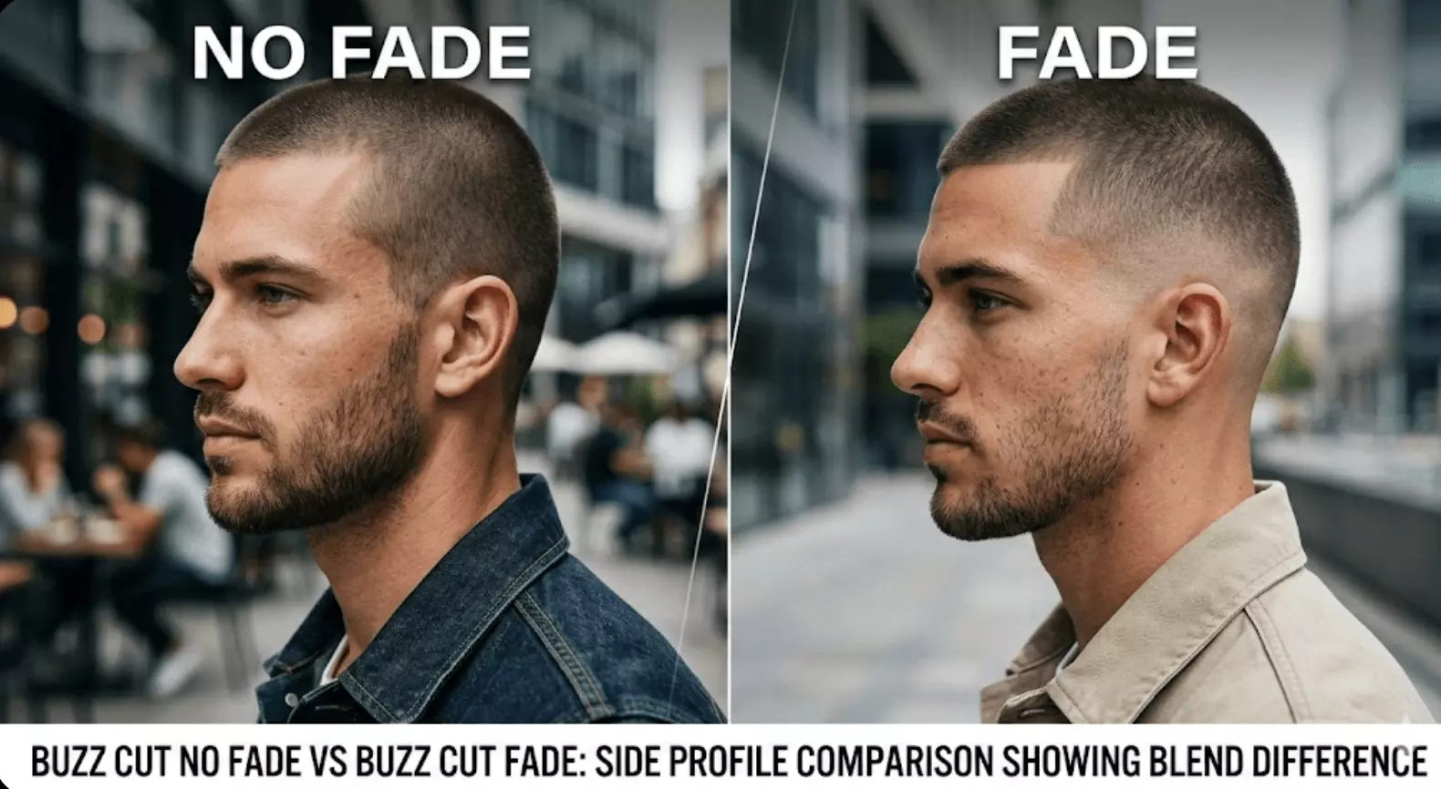 Buzz cut no fade vs buzz cut fade side profile comparison showing blend difference