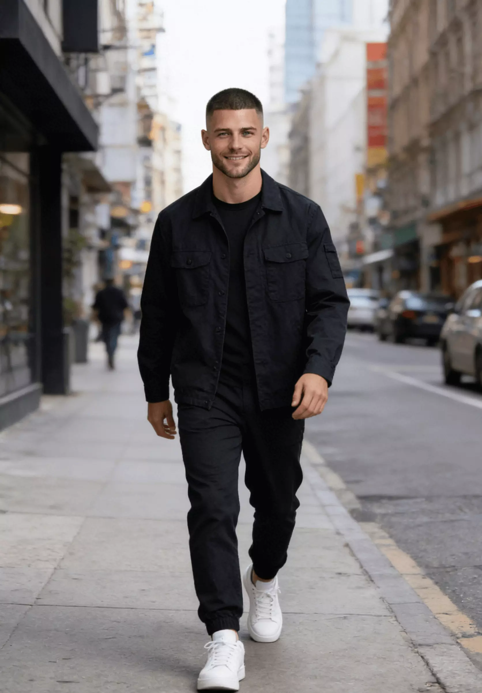 Man with buzz cut and beard showing strong jawline balance, masculine facial proportions, clean modern look.