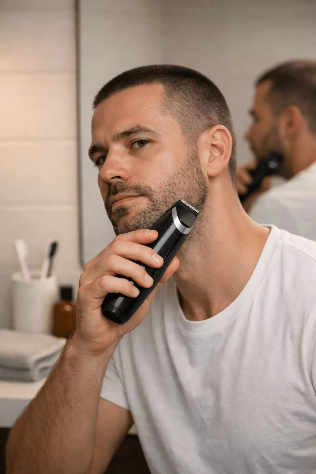 Man grooming beard with trimmer while wearing buzz cut, clean bathroom setup, modern grooming routine.