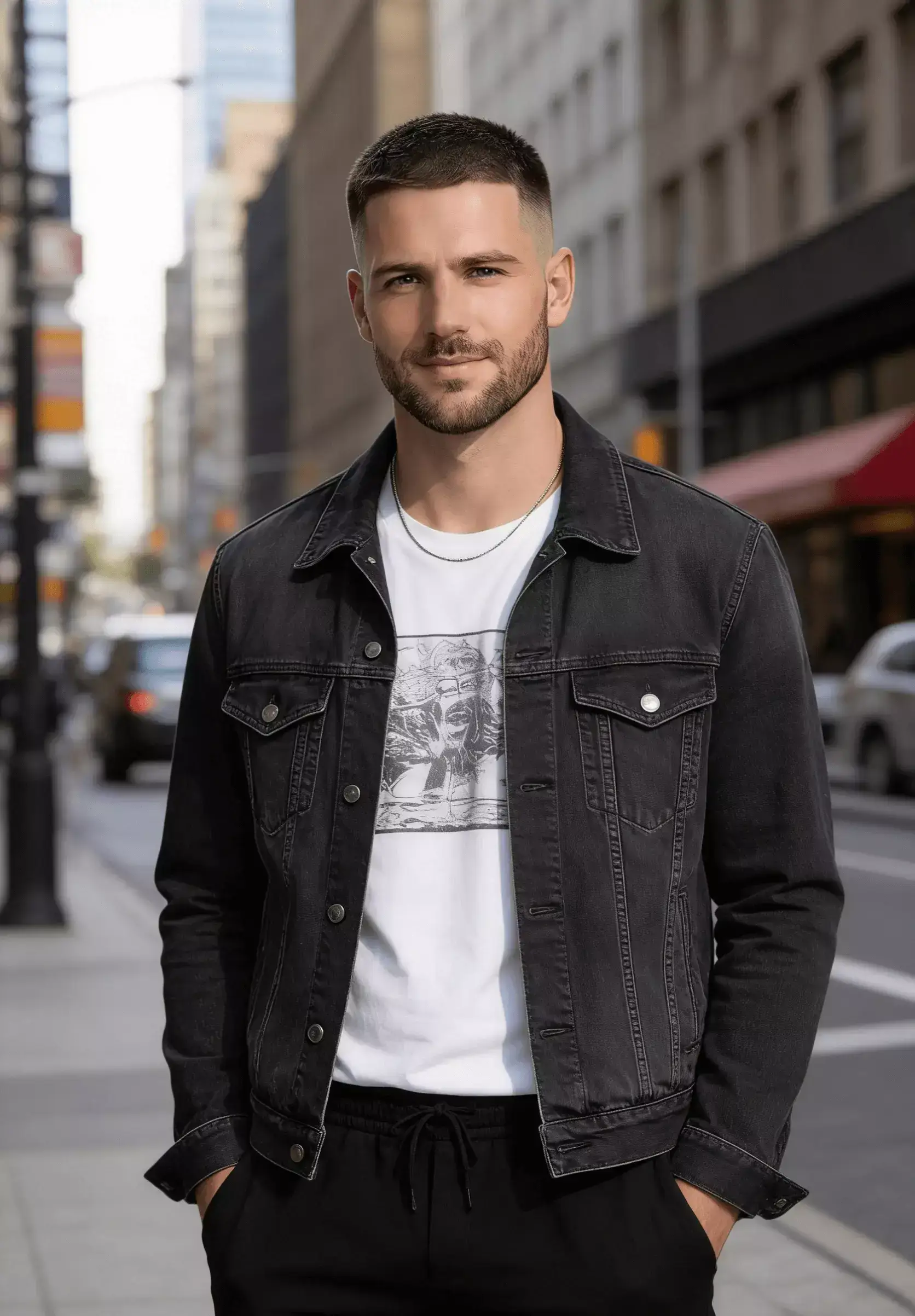 Man with mid fade buzz cut and short boxed beard, sharp jawline, professional masculine style.