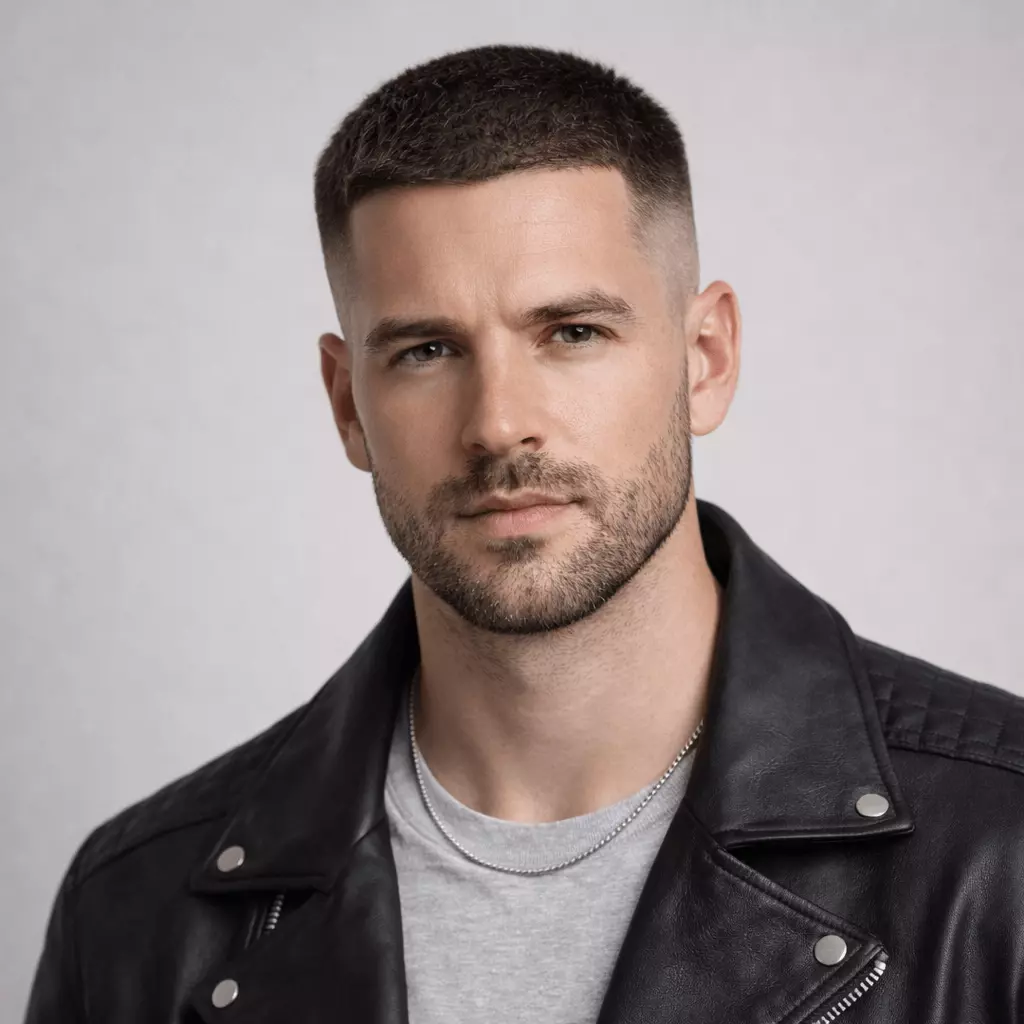 Man with #3 buzz cut and short stubble beard, natural masculine balance, clean everyday style.