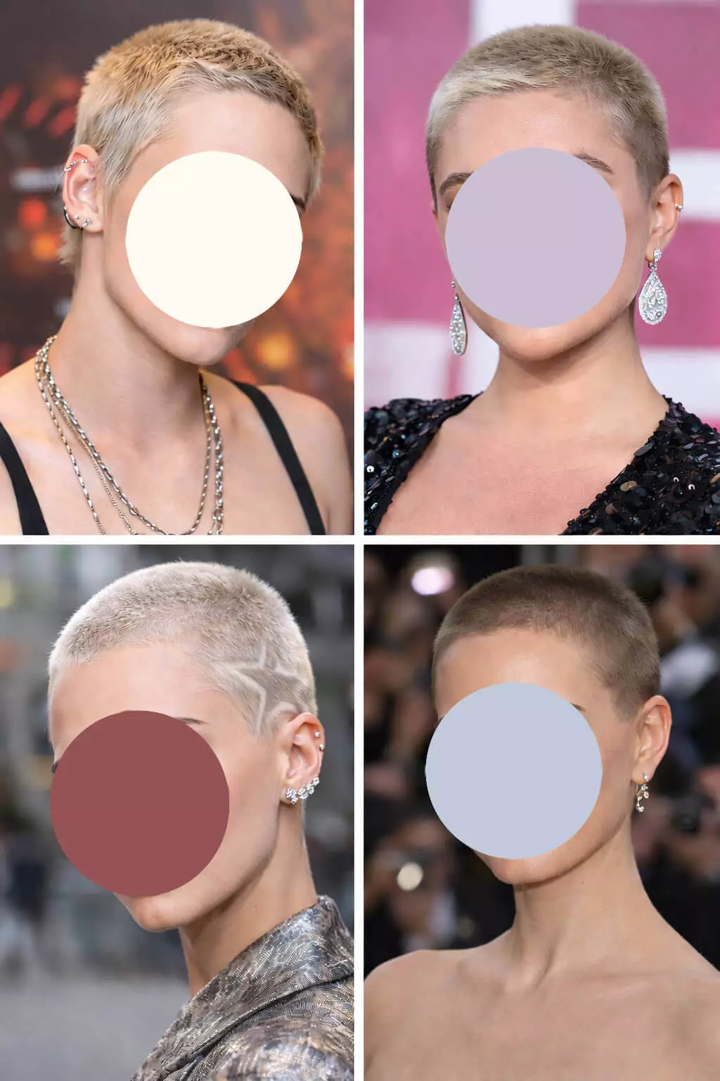 Collage of celebrity women's buzz cuts: Kristen Stewart edgy short buzz, Florence Pugh confident modern buzz, Cara Delevingne bold high-fashion buzz