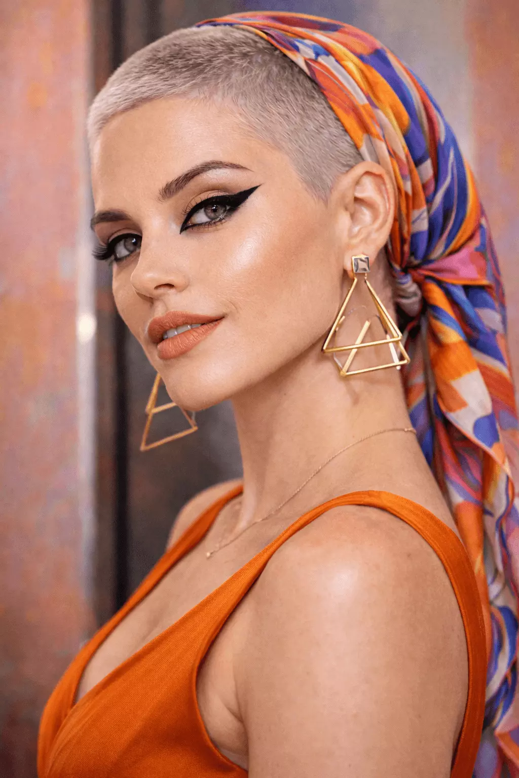 Fashion-forward woman with buzz cut styled with dramatic cat-eye makeup, large geometric earrings, silk headscarf
