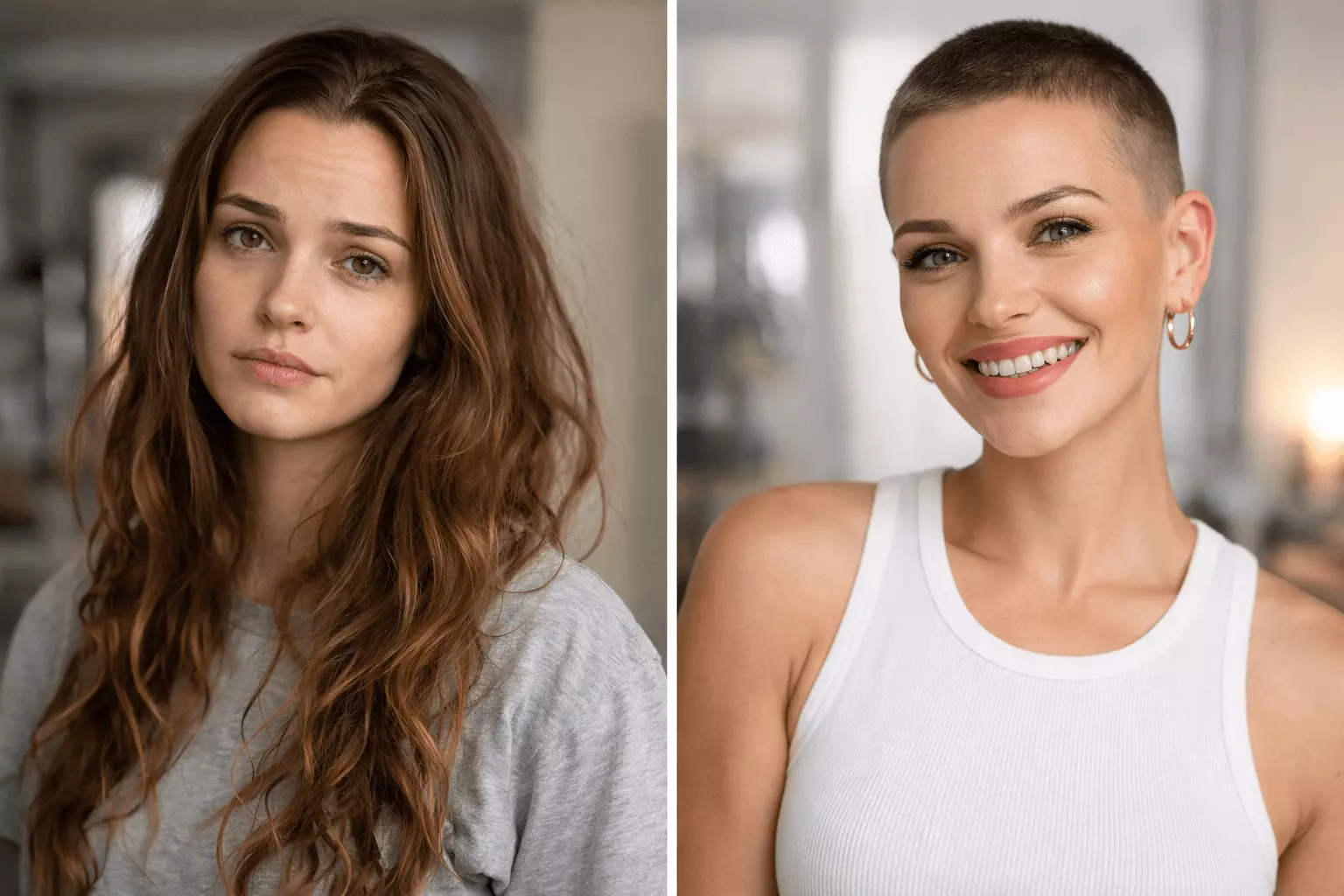 Side-by-side before and after transformation of a woman, left side long wavy hair looking tired, right side fresh #2 buzz cut with soft fade