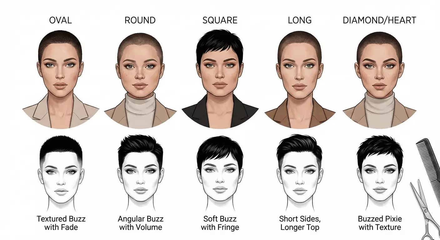 Infographic diagram showing five women's face shapes (oval, round, square, long, diamond/heart) each paired with the most flattering buzz cut variation