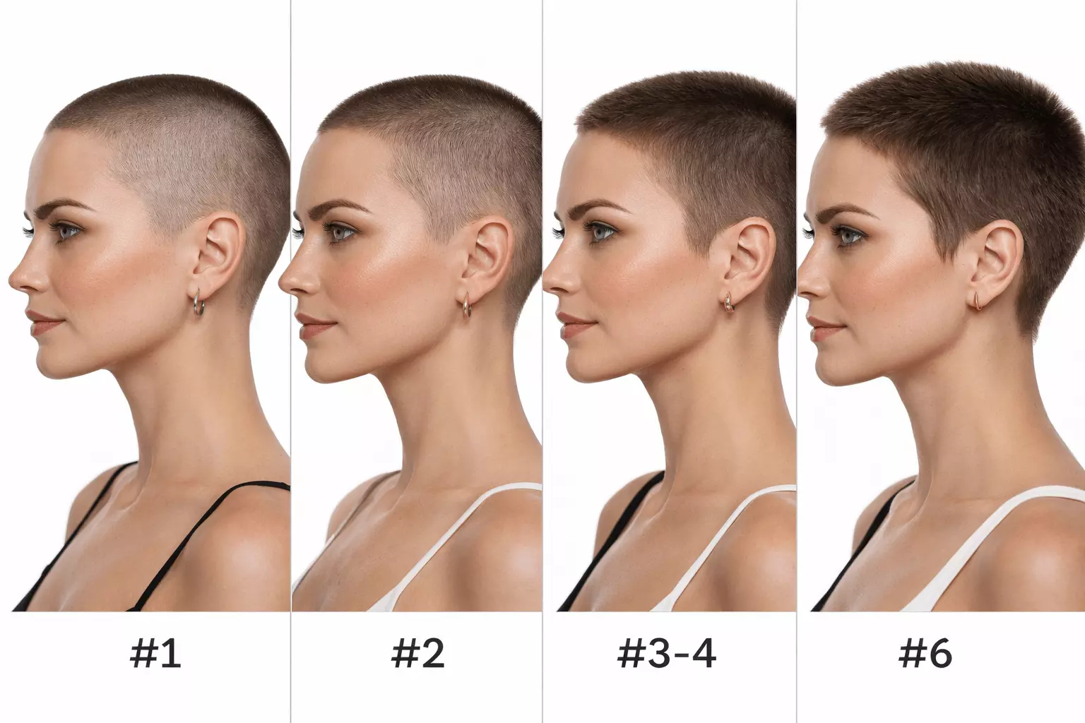 Close-up collage of four women's heads showing buzz cut lengths progression: ultra-short #1 skin-tight, #2 even stubble, #3-4 soft textured, #6 longer crew-like top