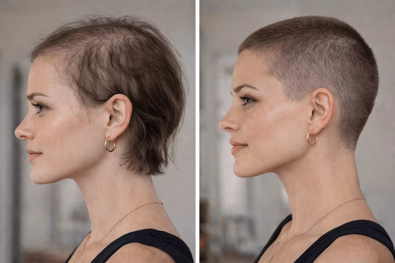 Before and after of a woman with thinning hair, left side visible scalp and uneven length, right side uniform short buzz cut looking fuller and intentional
