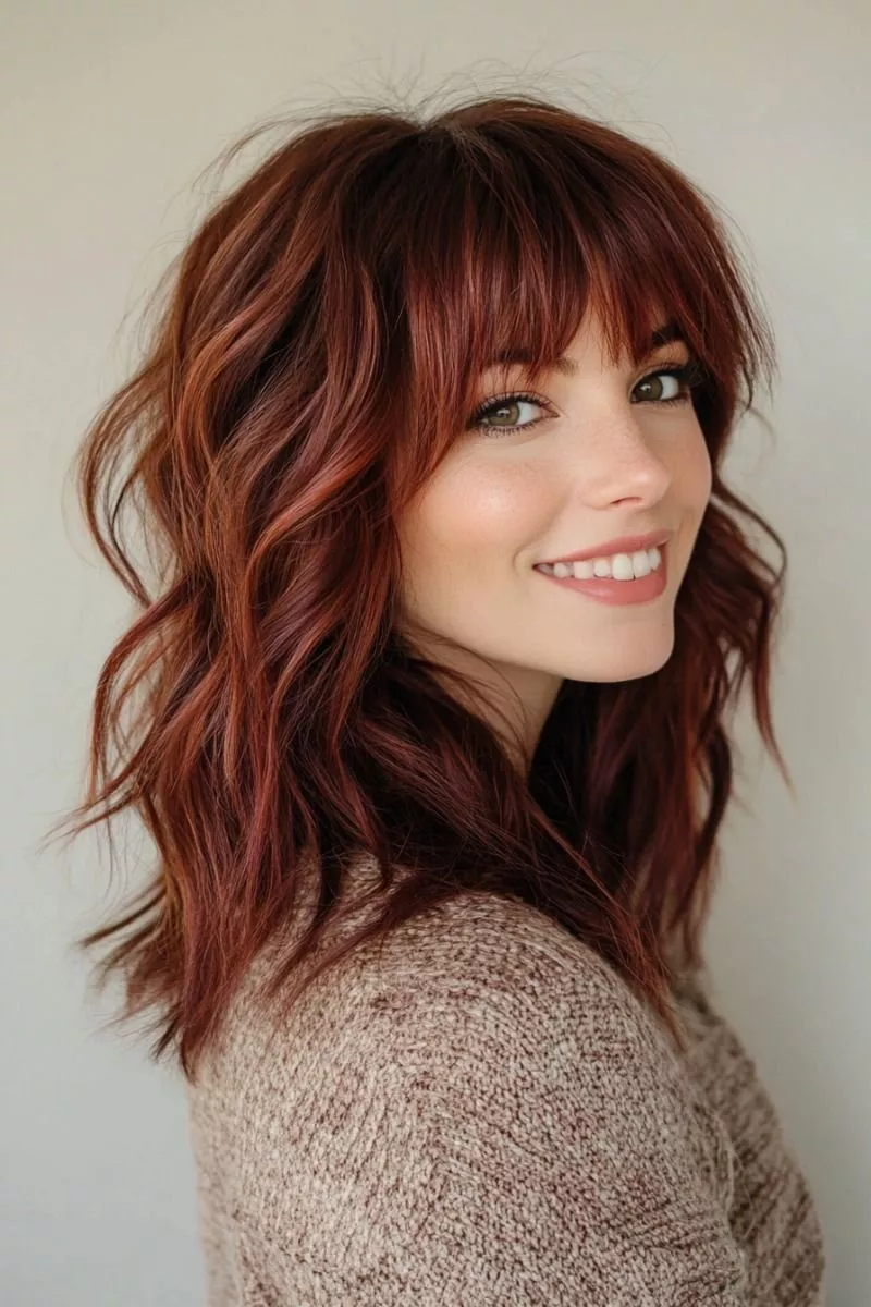 Deep auburn copper hair color with dark red and copper tones, perfect for a rich and elegant autumn look