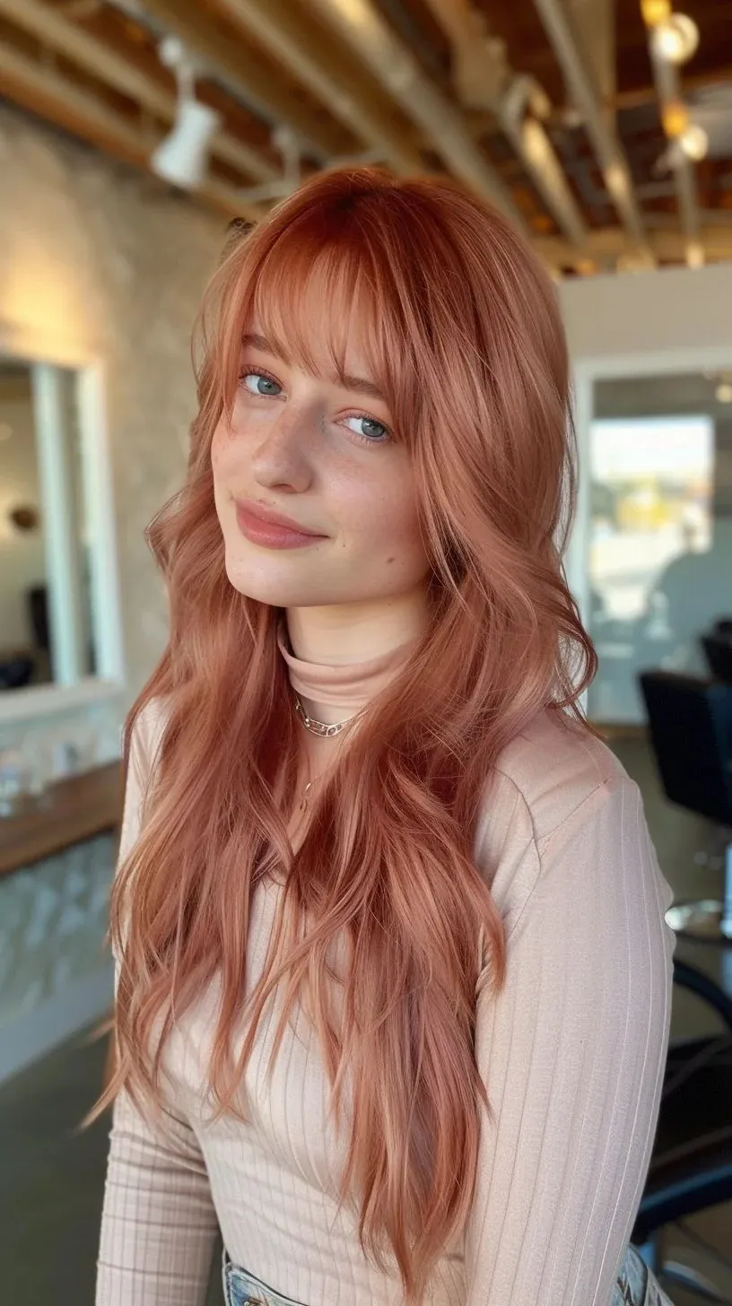 Copper rose gold hair with metallic pink undertones and warm copper shine, styled in soft curls for a romantic finish