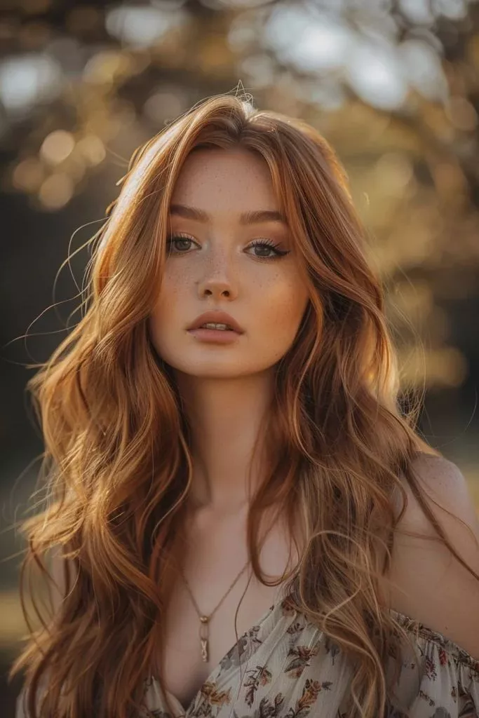 2025 trending copper hair on a model with sleek, face-framing layers