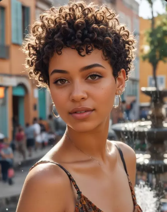 A model with very tight, coily curls styled into a neat pixie cut