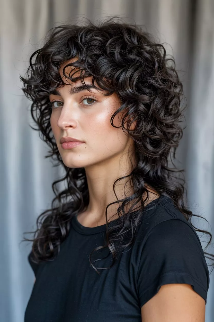 A model with a stylish curly mullet, showcasing voluminous, layered curls around the face and a longer, looser cascade down the back, embodying a trendy and playful look