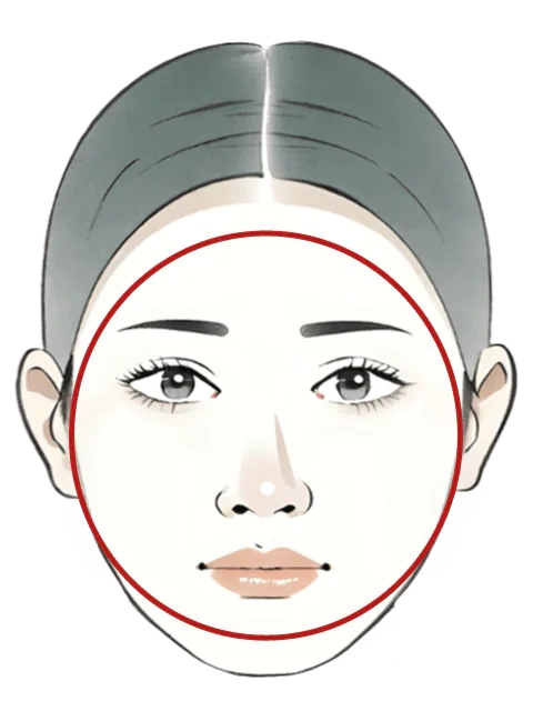 Soft curves with equal width and length, full cheeks and rounded jawline.