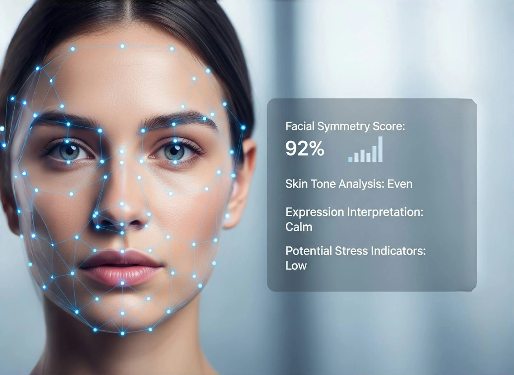 AI facial analysis demonstration showing facial mapping points and analysis results including facial symmetry score, skin tone analysis, expression interpretation, and stress indicators