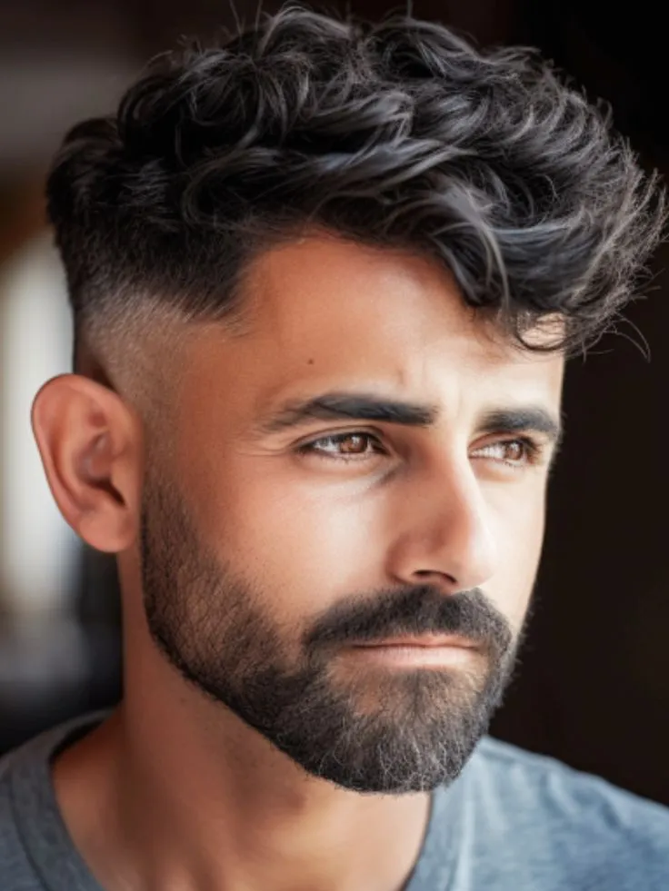 Indian young man with sharp skin fade haircut. Hair styled with textured top and skin fade sides.