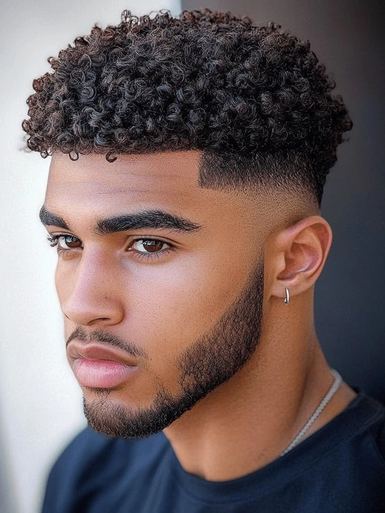 A clean mid fade haircut beginning at the temple, blending smoothly into the top.