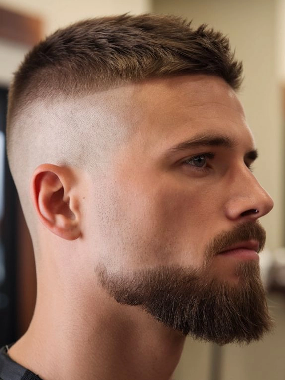 High fade haircut with sharp contrast between shaved sides and longer hair on top.