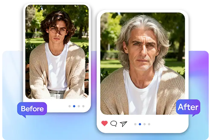 Interface de prova virtual mostrando múltiplas variações de penteados na mesma pessoa com um fundo colorido