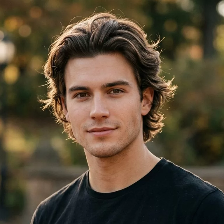 Bro flow haircut men with medium length brushed back hair