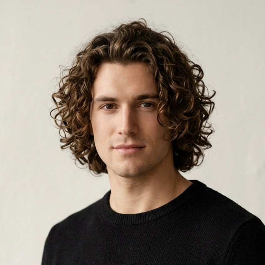 Curly flow haircut for men with natural curls and medium length shape