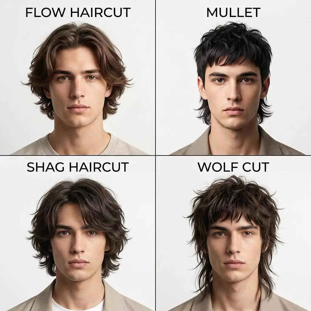 Comparison of flow haircut, mullet, shag haircut, and wolf cut for men