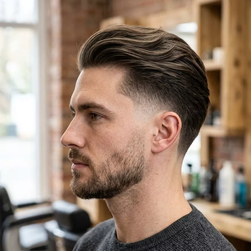 Flow haircut with fade and medium length top for men