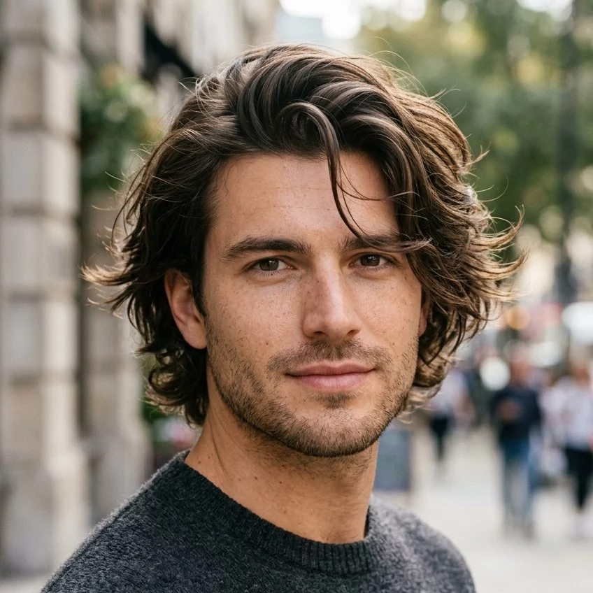 Layered flow haircut men with soft movement and medium length shape