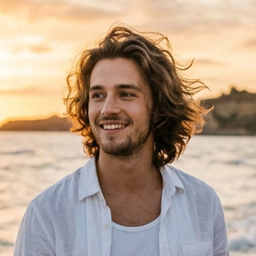 Wavy flow haircut for men with medium length natural waves