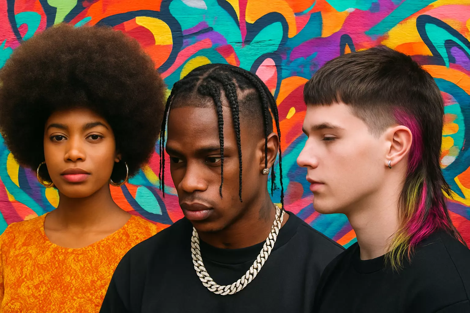 Funky hairstyles collage with afro, Travis Scott braids, and neon mullet