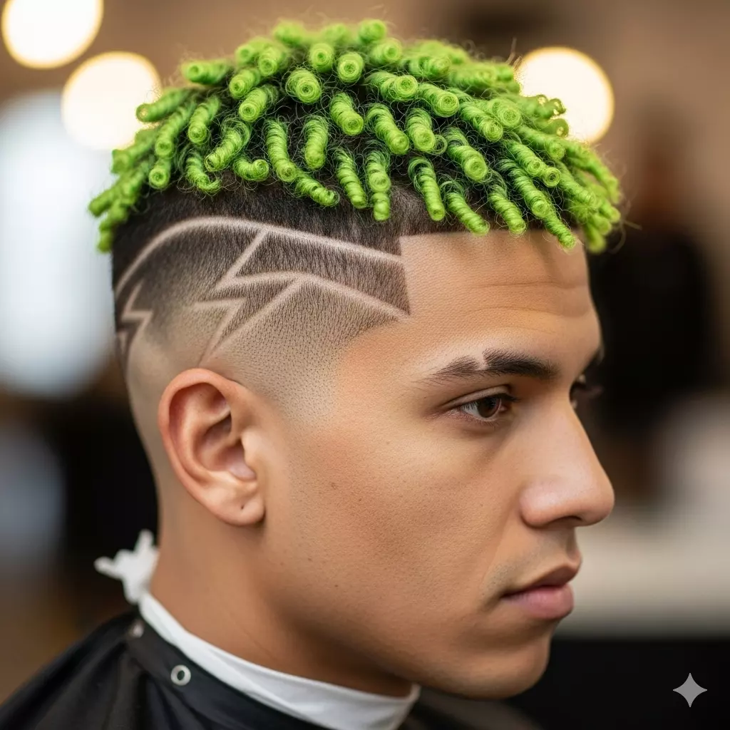 Man with Buzz Cut with Twist, lightning bolt design, and neon green tips