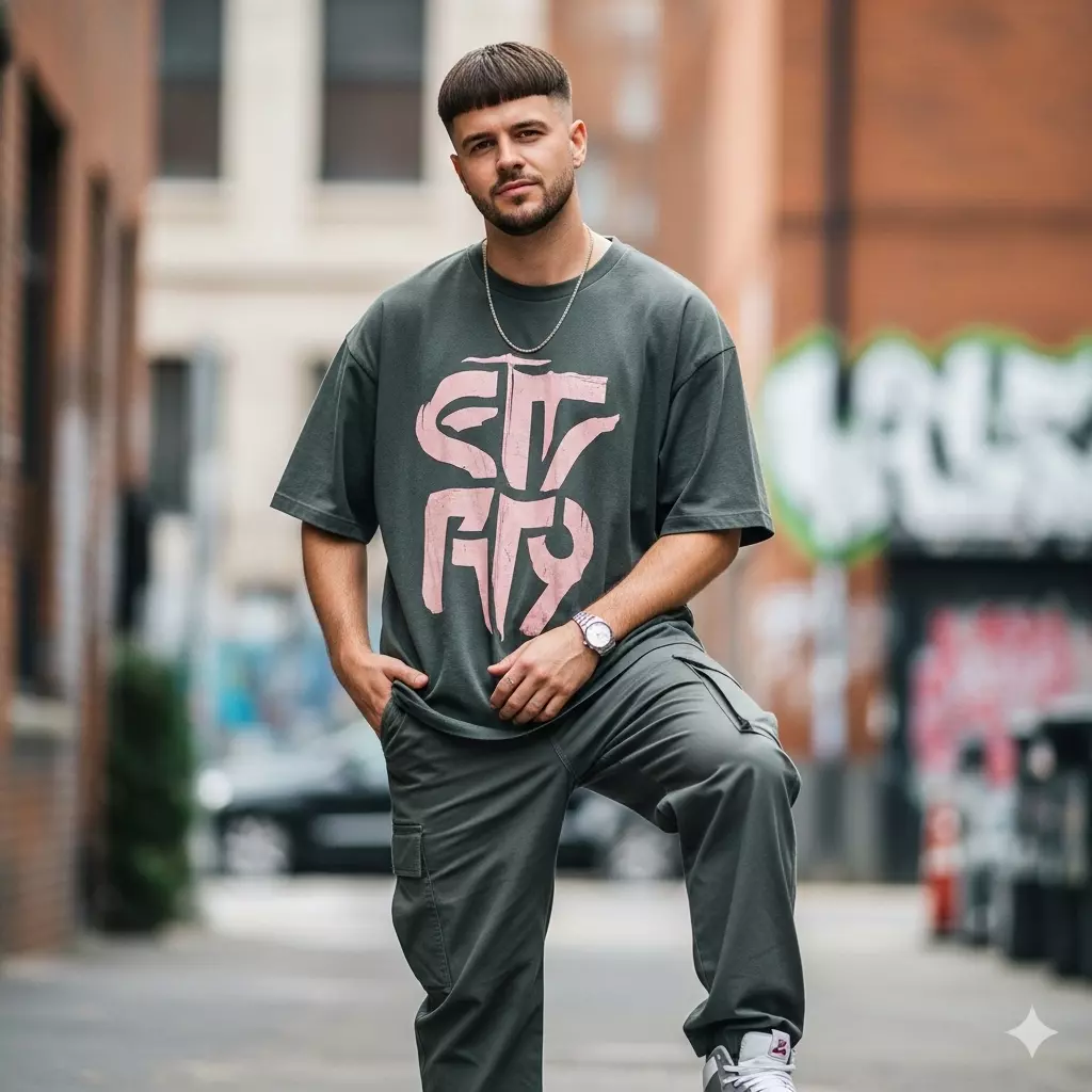 Man with Edgar Cut hairstyle, straight blunt fringe, and clean skin fade