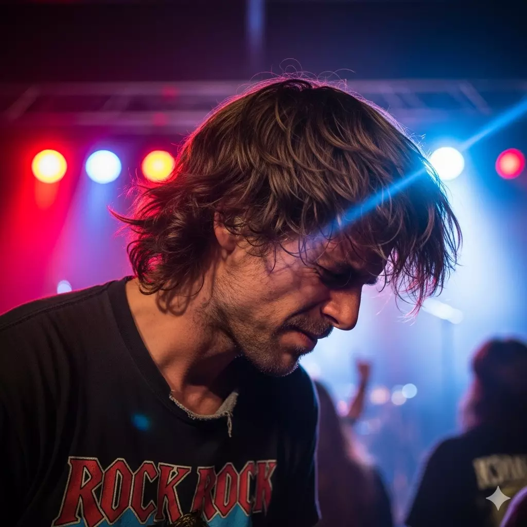 Man with Long Shag hairstyle, shoulder-length choppy layers with loose waves