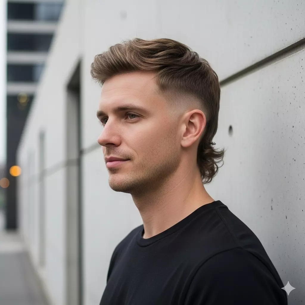 Man with a modern mullet hairstyle, short faded sides, and textured long back, styled with matte pomade