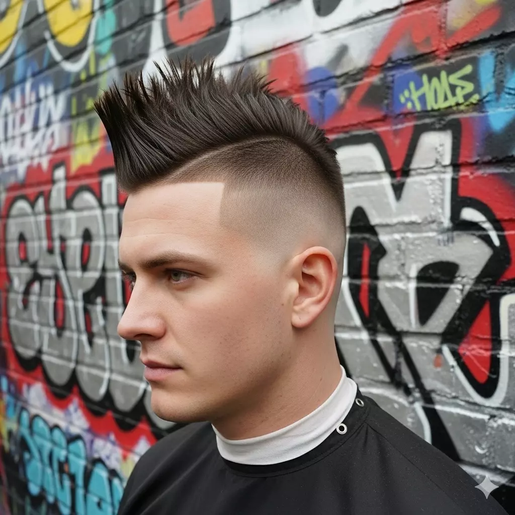 Man with Mohawk Fade hairstyle, spiked central strip, and gradual side fade