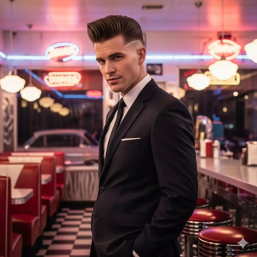 Man with Pompadour Fade hairstyle, voluminous top and high fade, styled with pomade