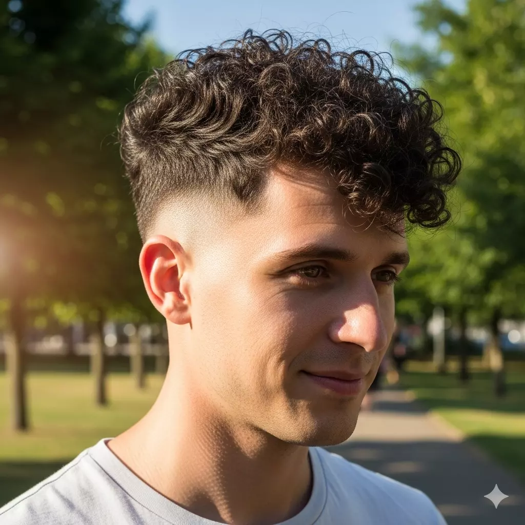 Man with Curly Undercut hairstyle, tight curls on top with shaved sides