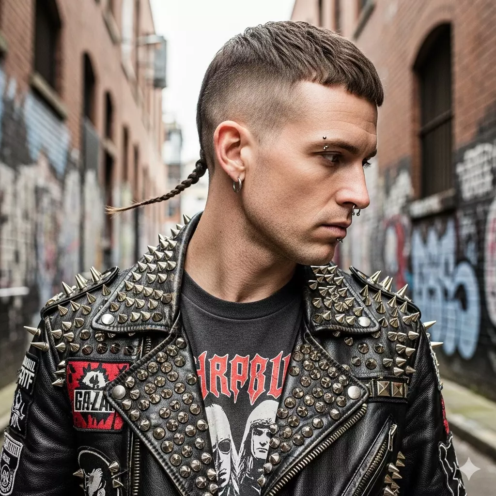 Man with Rat Tail hairstyle, short crop with a single braided tail at the nape