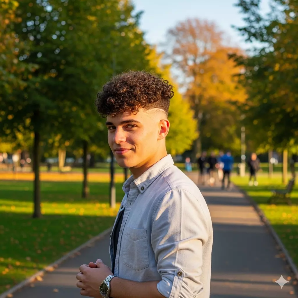 A young man with a popular Broccoli Cut hairstyle, featuring tight curls on top and a high taper fade, standing in a vibrant park