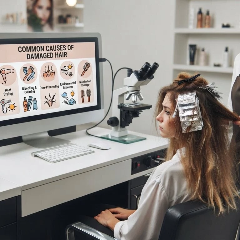 Common causes of damaged hair including heat styling bleaching coloring and environmental exposure