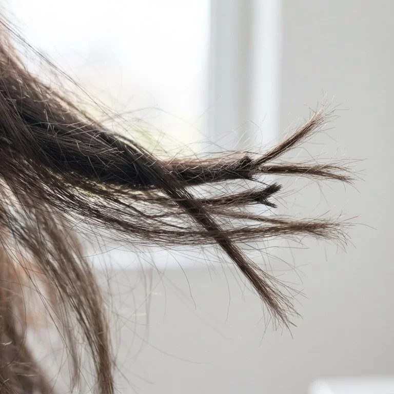 Signs of damaged hair including split ends dryness breakage and frizz