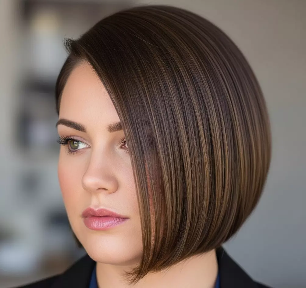 A sleek, glossy asymmetrical bob with a sharp 30° angle, shorter at the nape and longer at the front, styled on a woman with a square face for a professional, chic vibe