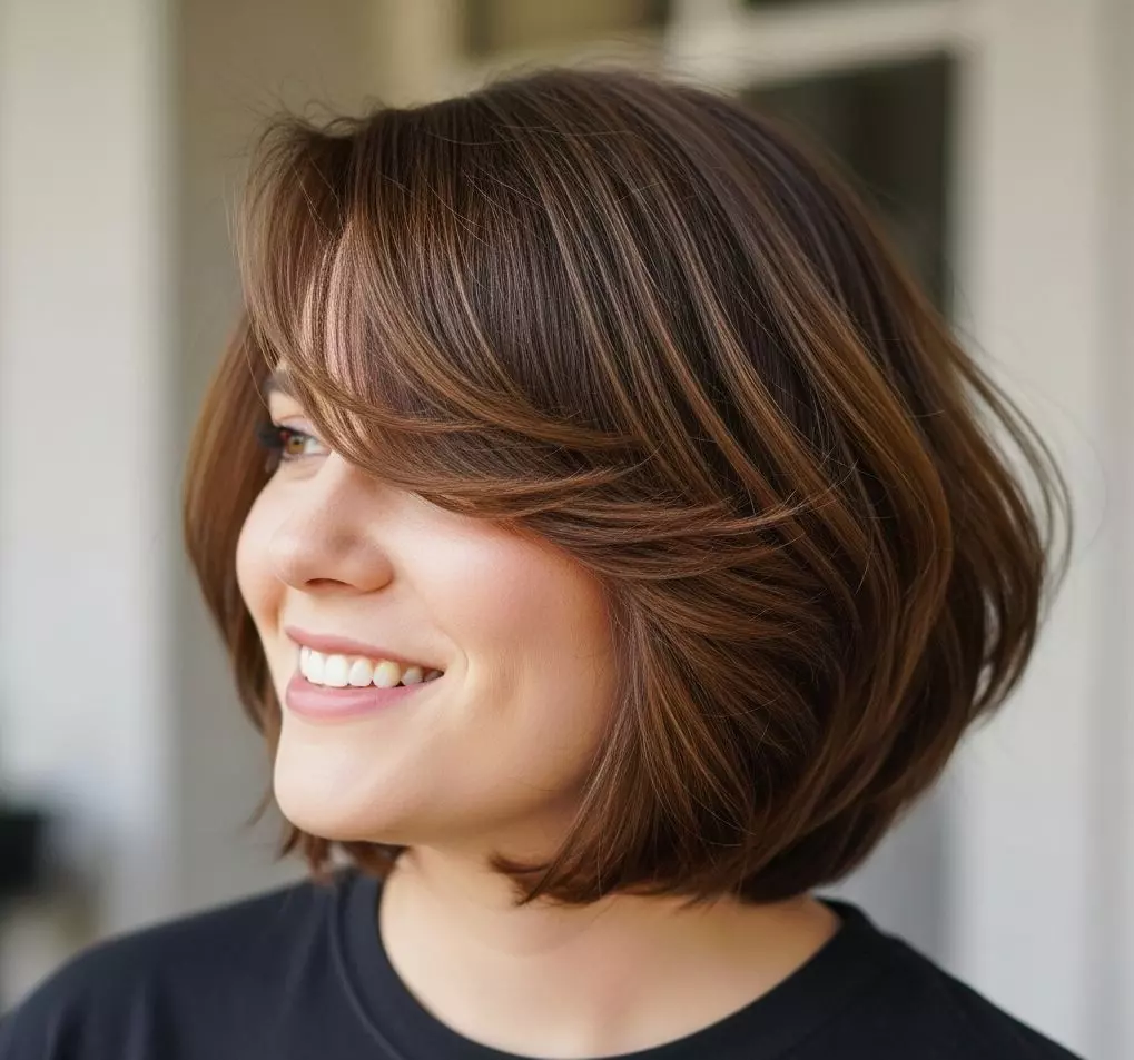 A playful choppy long bob with sweeping side bangs, styled with textured ends and root volume on a square-faced woman