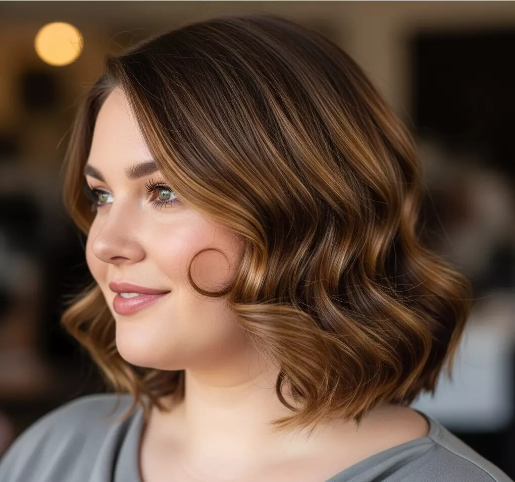 Romantic collarbone-length waves with strategic curls starting at cheekbone level, styled on a woman with a square face for a soft, elongating effect