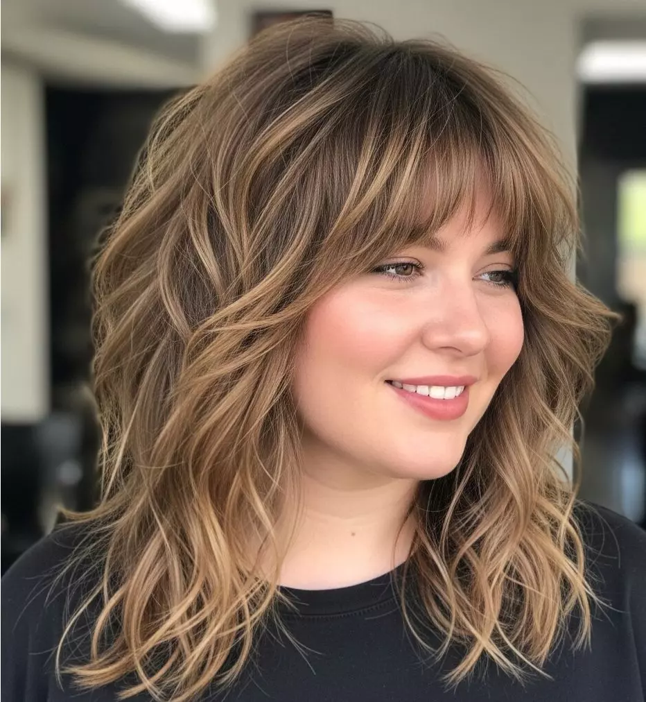 A heart-shaped face with a textured shag, featuring airy curtain bangs and micro-textured layers above the ears, styled with a diagonal part for a casual, voluminous look