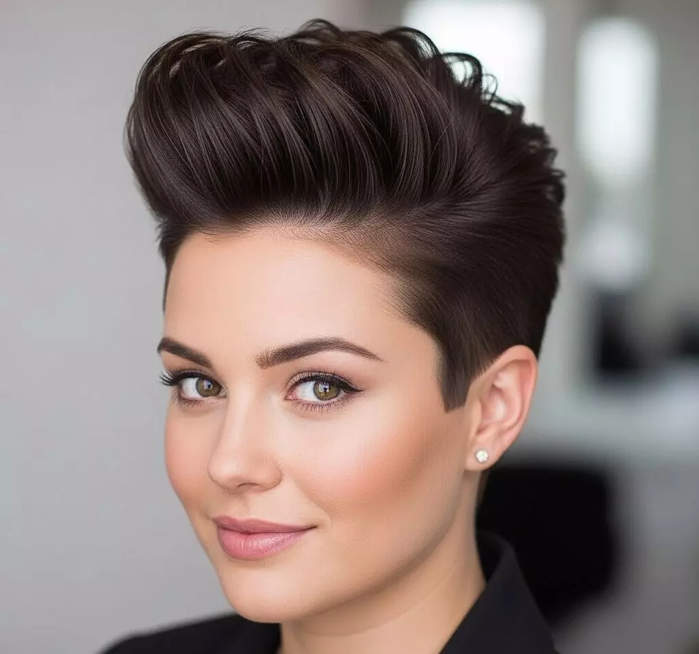 A sleek high-volume pixie with tapered sides and a voluminous 3-inch crown, styled on a round-faced woman to slim the jawline.