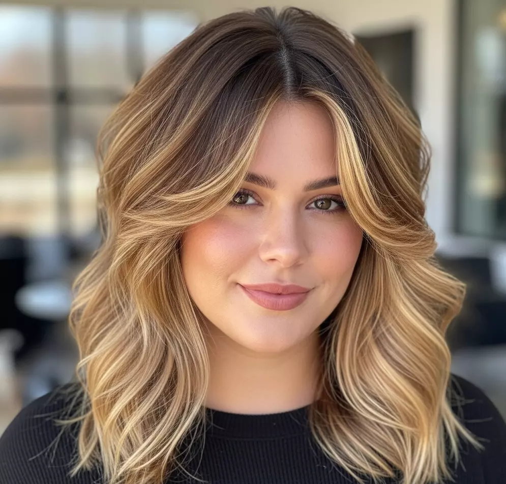 A round-faced woman with a layered shag, featuring balayage highlights at cheekbone level and disconnected layers for a vibrant, dynamic look.